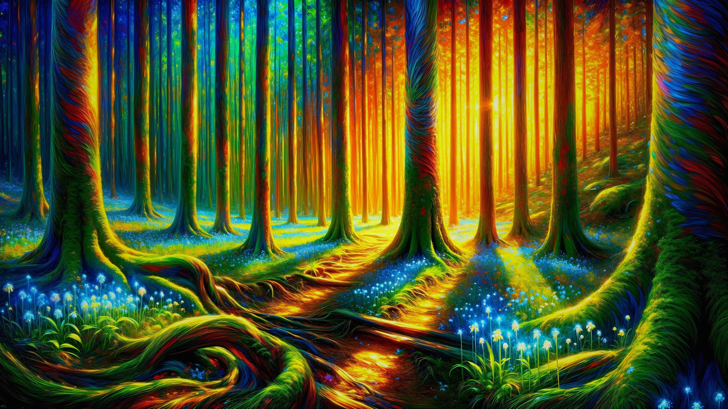Vibrant Forest with Sunlight and Colorful Patterns