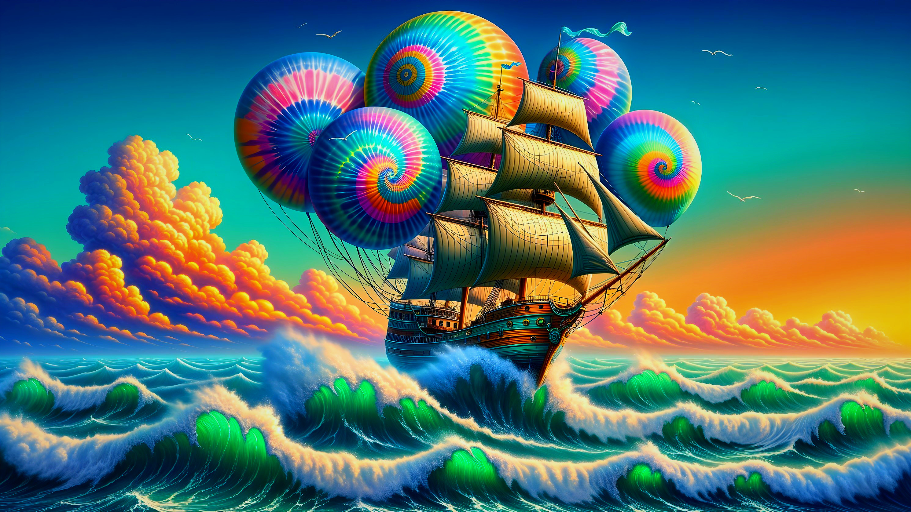 Surreal Ship Sailing Through Colorful Sunset Waves