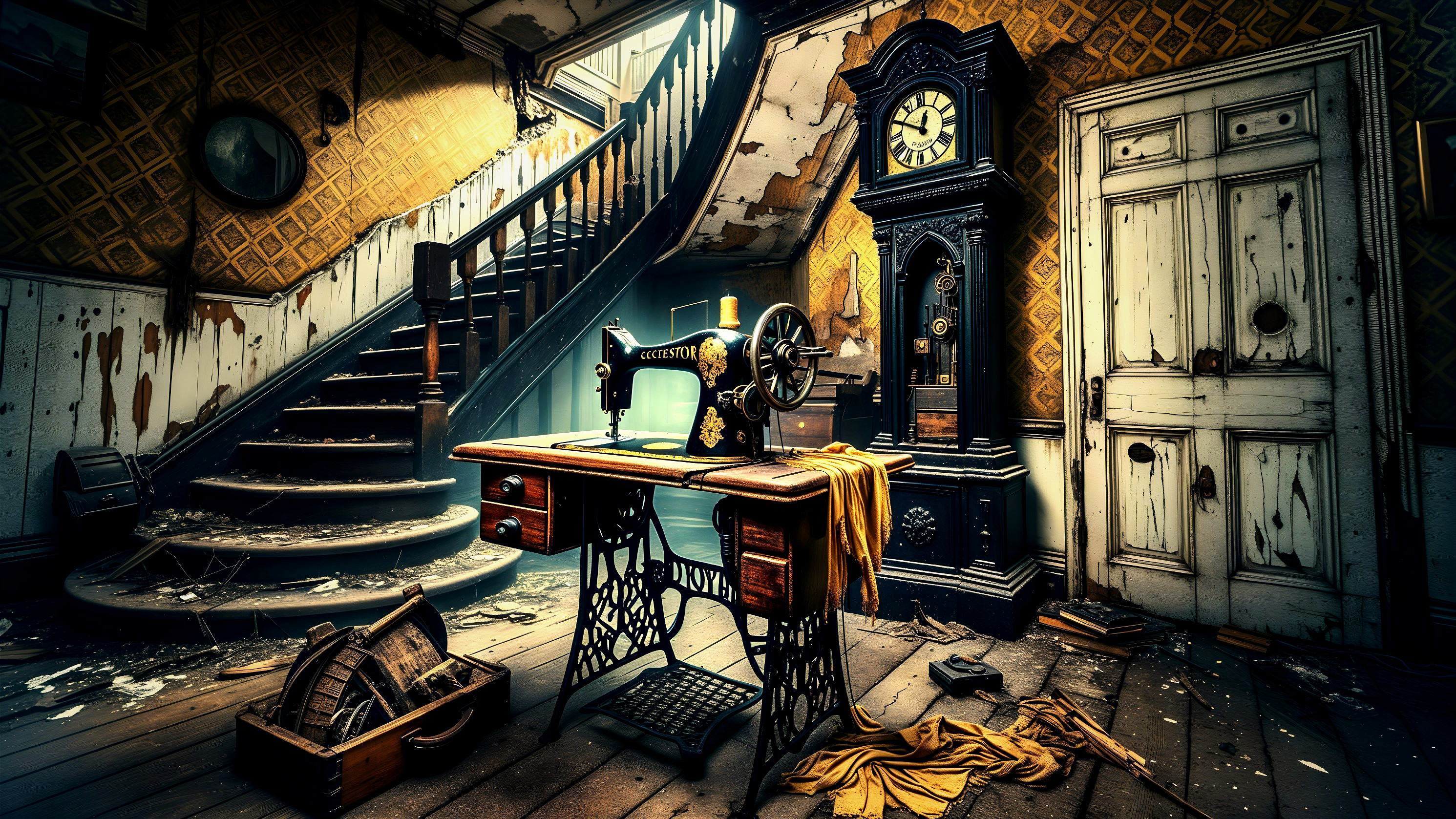 Vintage Sewing Machine in Abandoned Room Setting