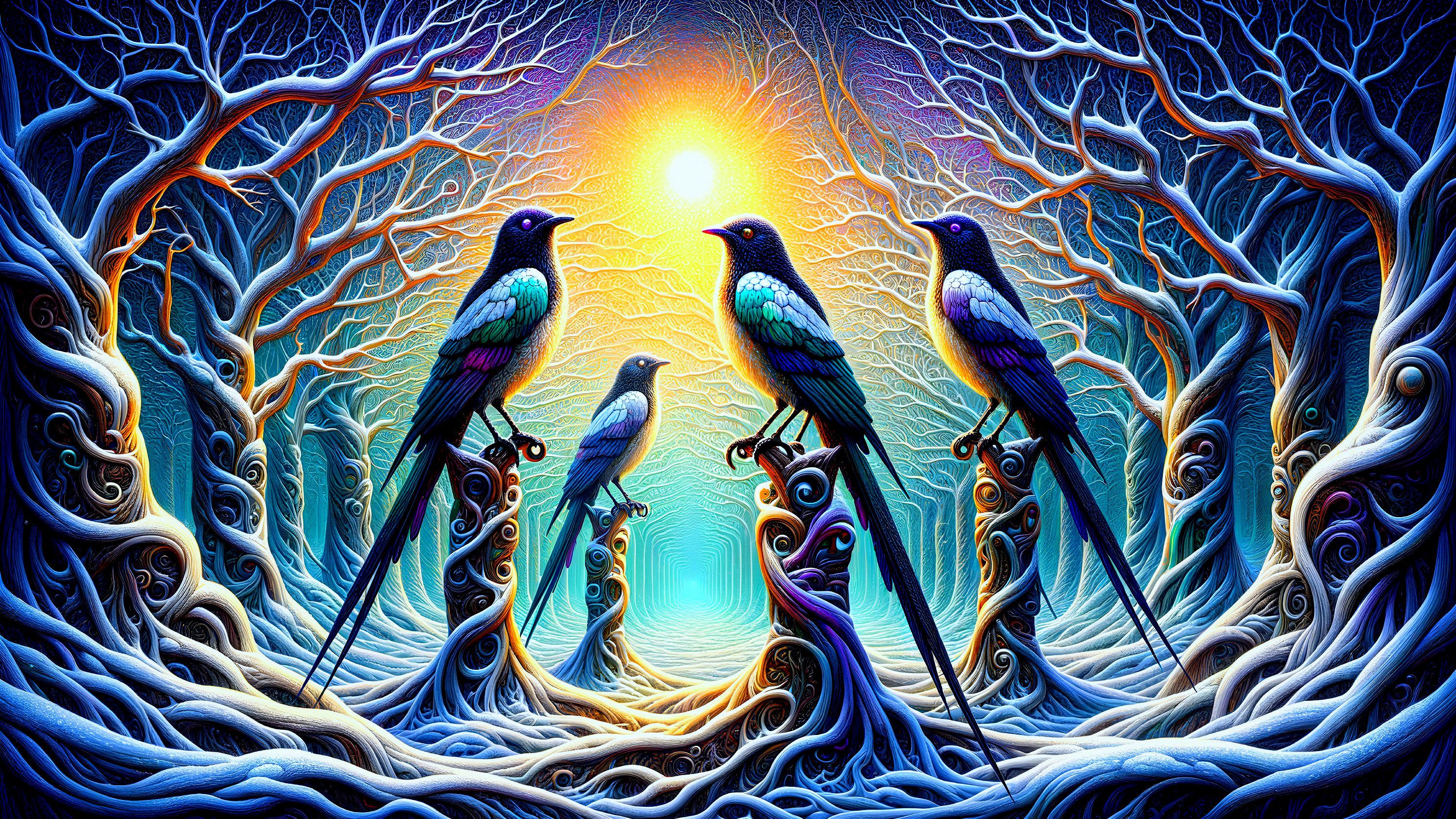 Surreal Forest with Colorful Birds and Twisting Branches