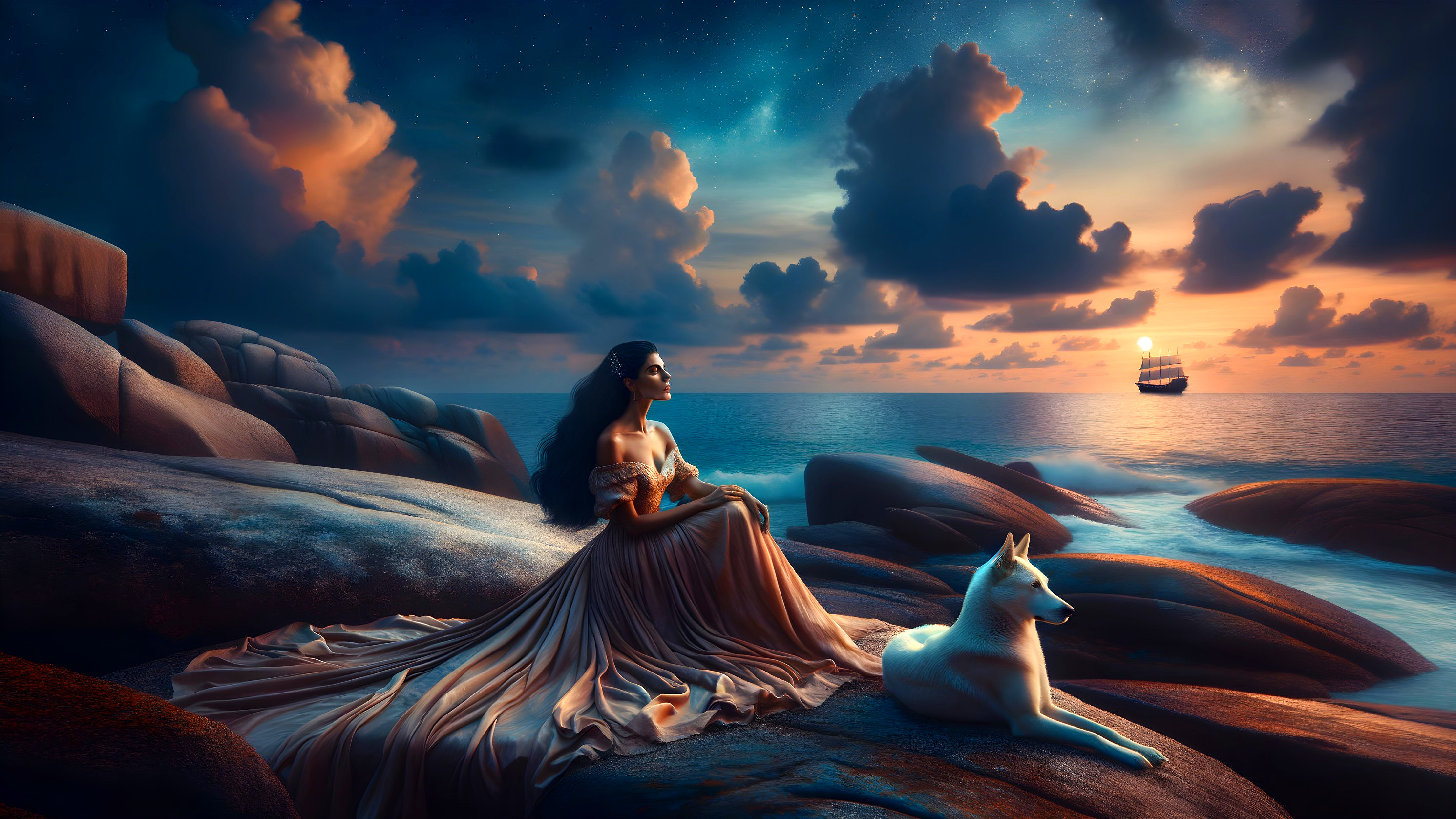 Woman in gown on rocky shores at sunset with dog