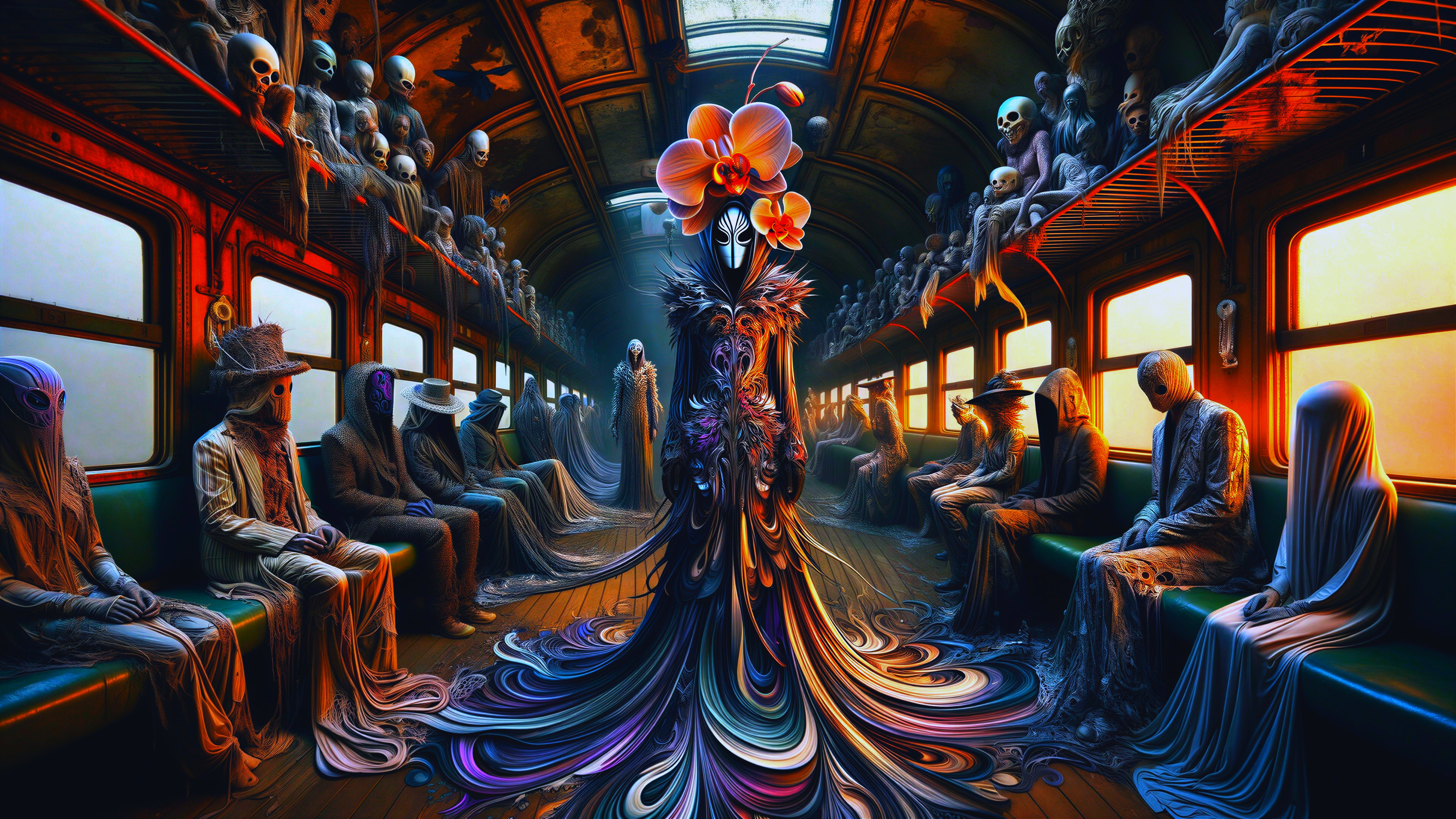 Surreal Scene in Dimly Lit Train Carriage with Figures