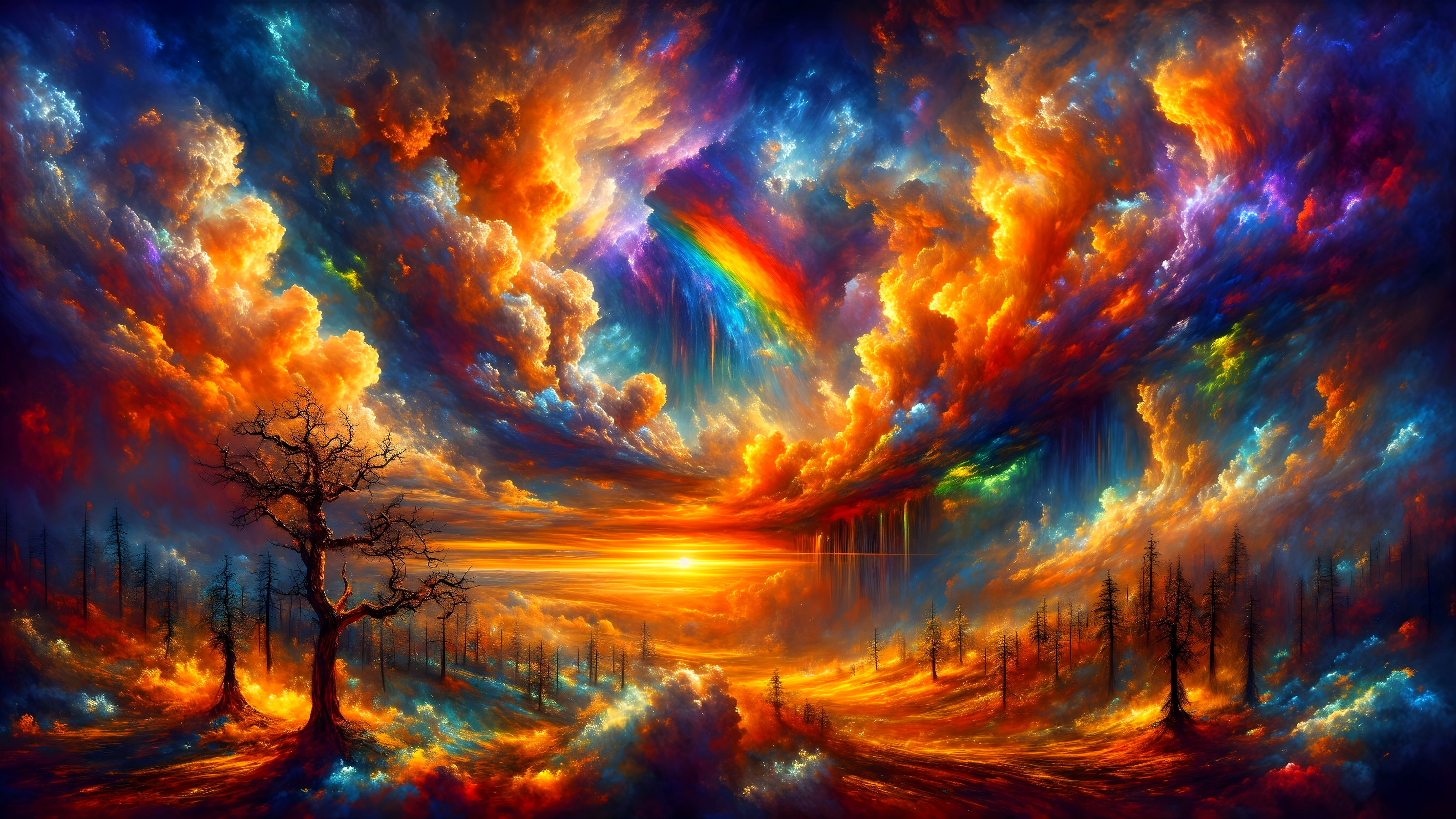 Vibrant sunset landscape with rainbow and leafless tree