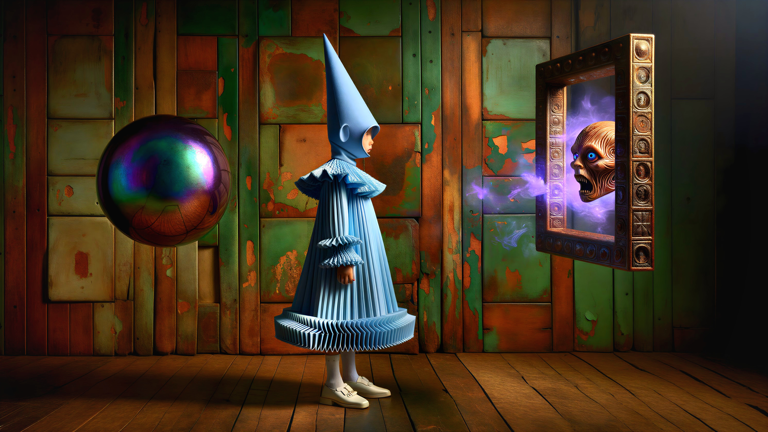 Child in blue costume against colorful textured wall