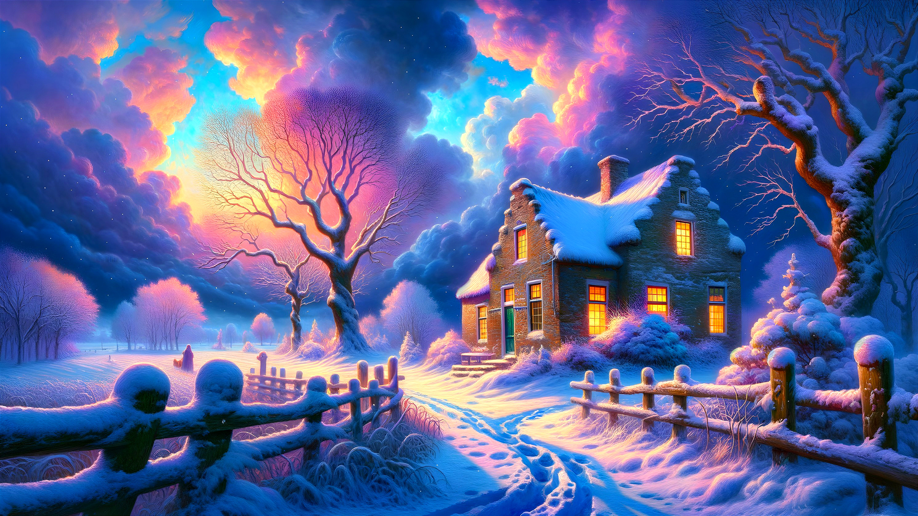 Snowy Winter Landscape with Cozy House at Sunset