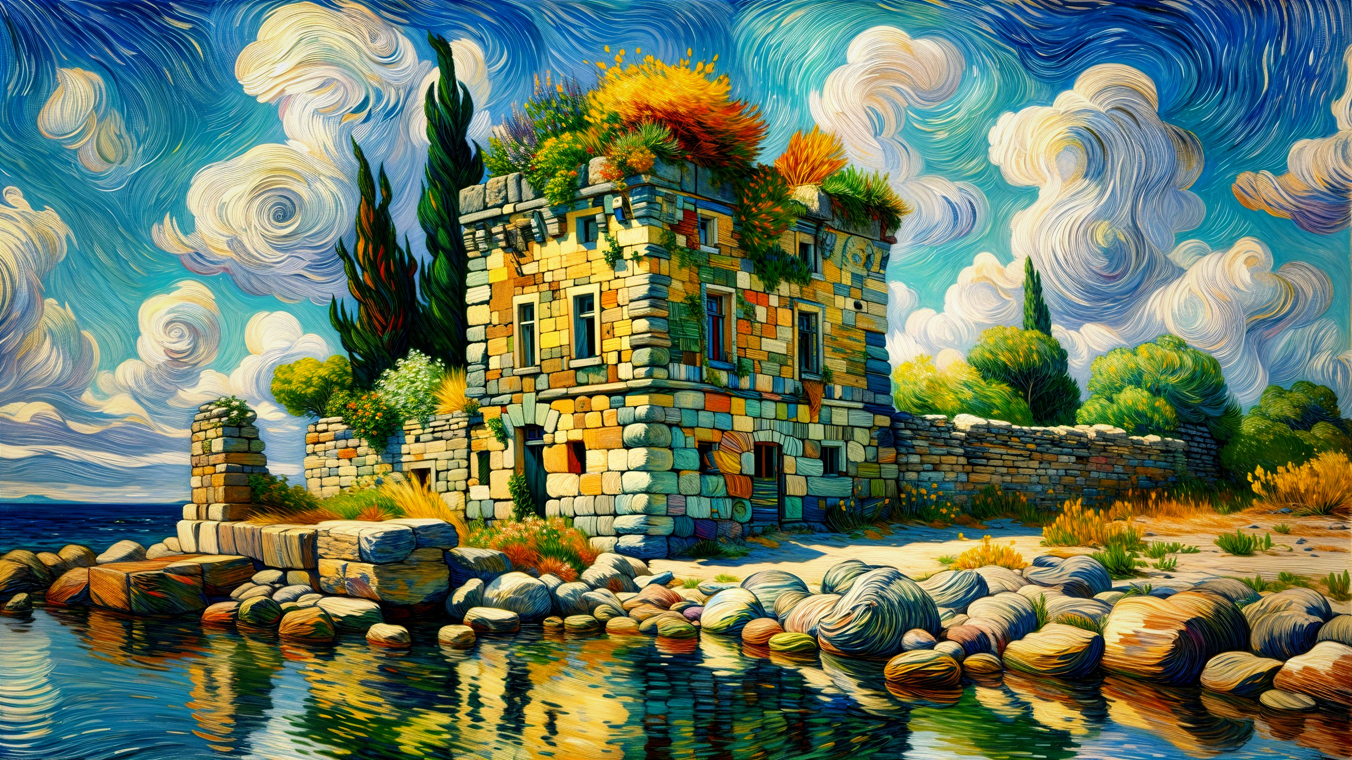 Impressionistic Stone Building by Water with Greenery