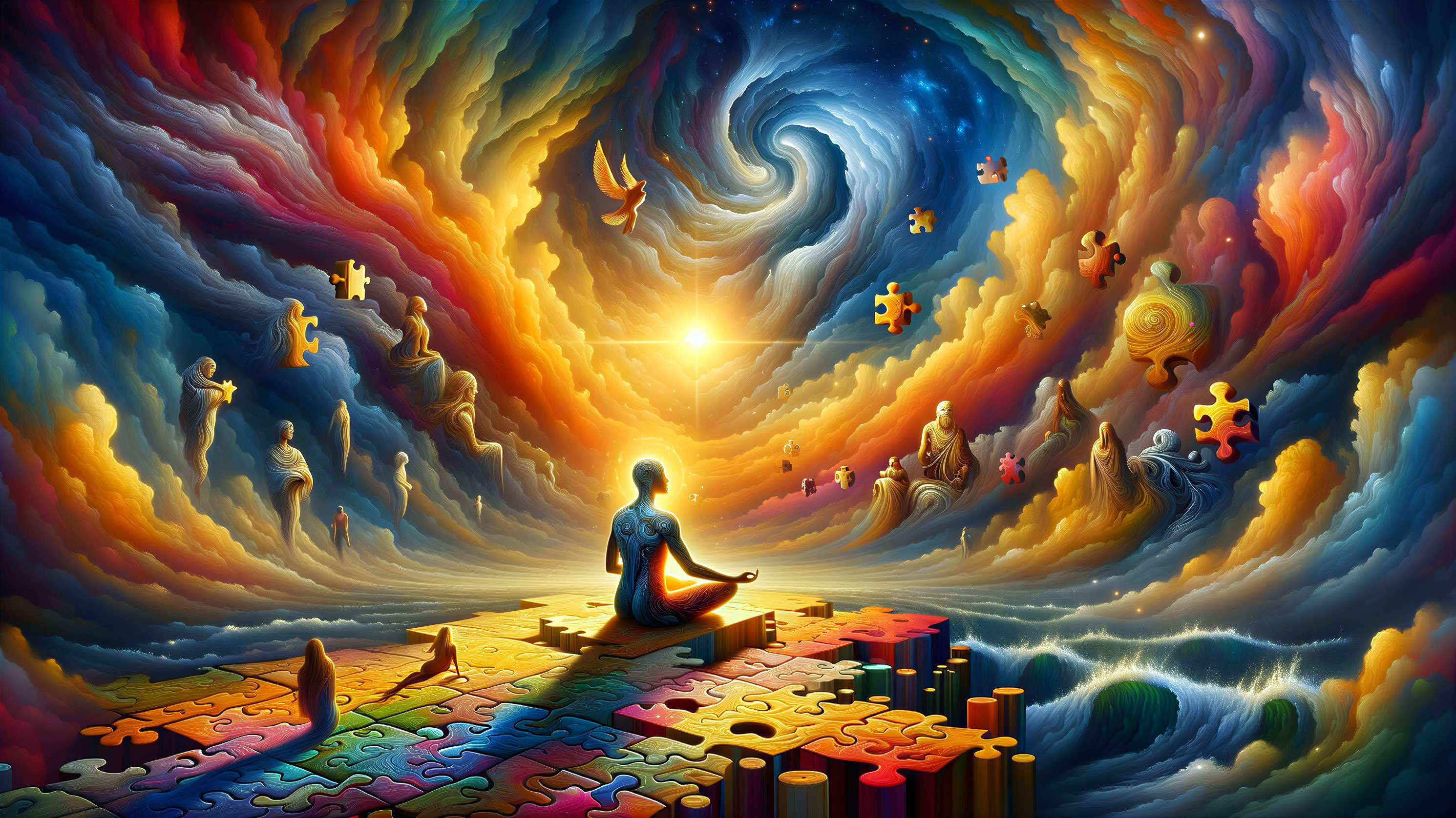 Serene figure on vibrant puzzle platform in cosmic colors