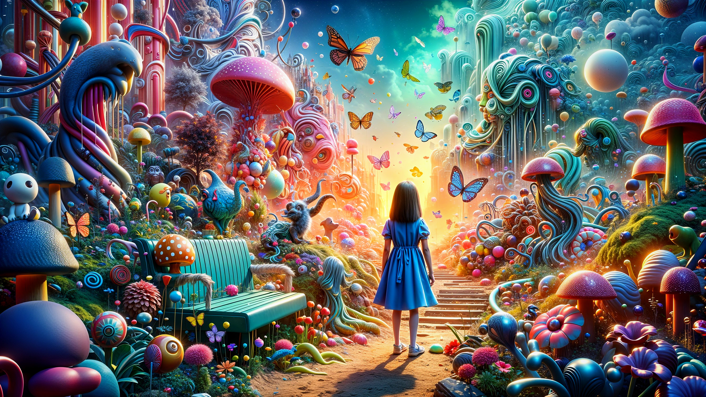 Whimsical Landscape with Oversized Mushrooms and Butterflies