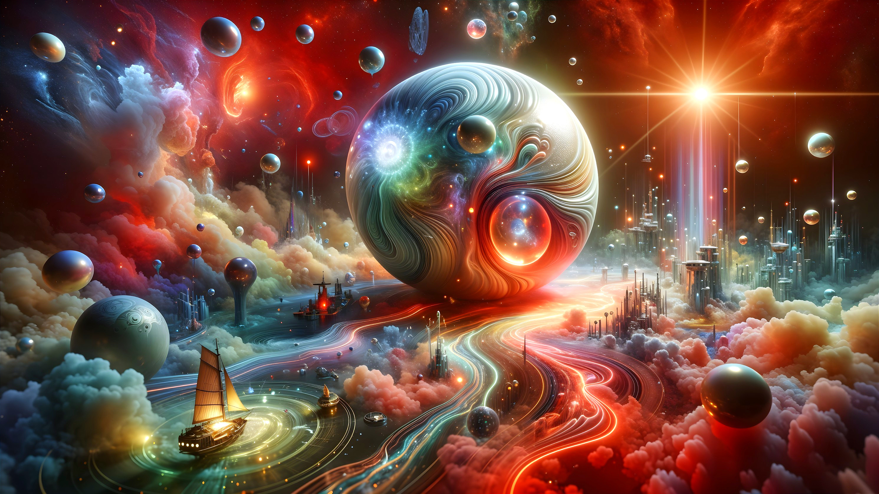 Vibrant Cosmic Scene with Planet and Futuristic City