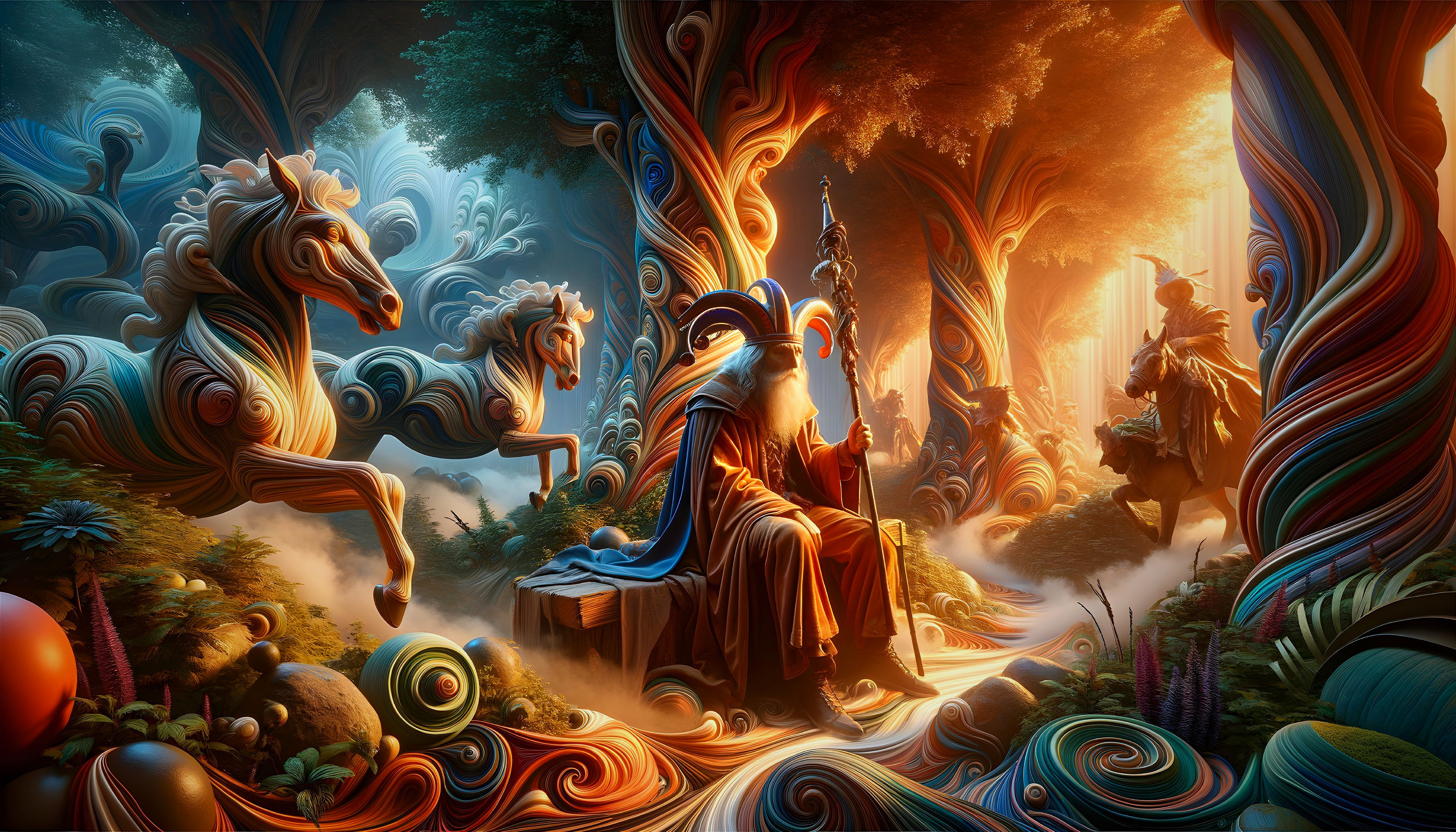 Wizard on Throne in Enchanted Forest Setting