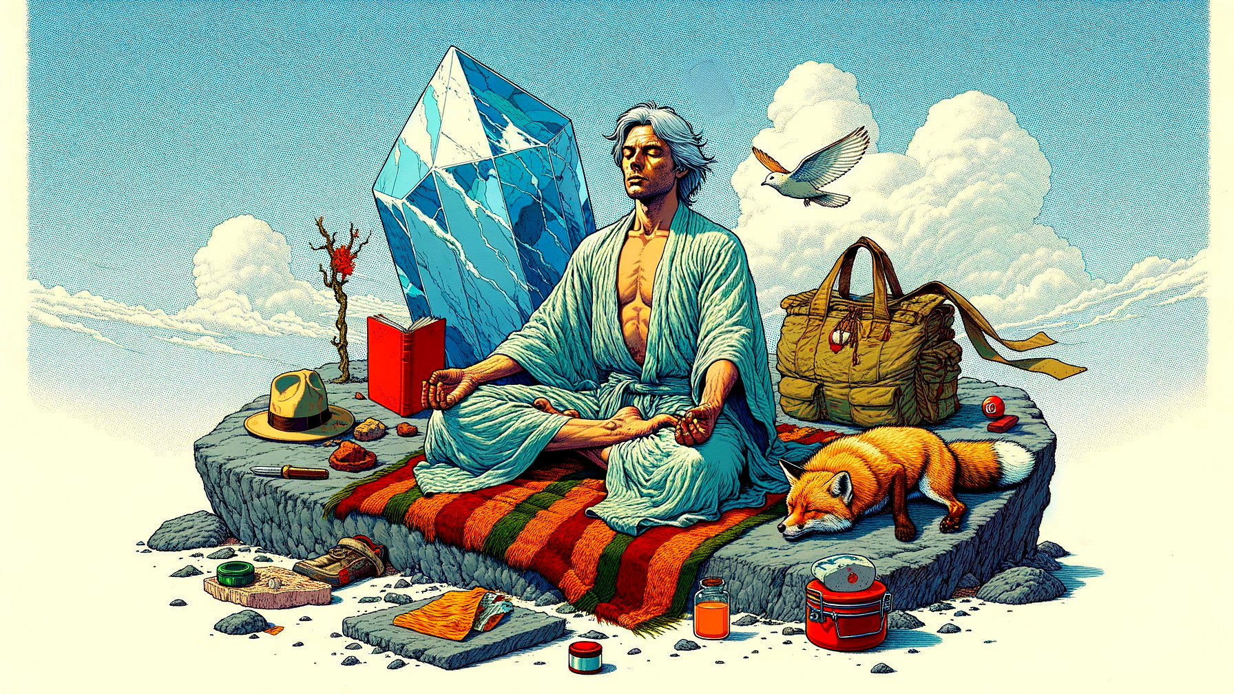 Meditating Figure in Nature with Crystal and Wildlife