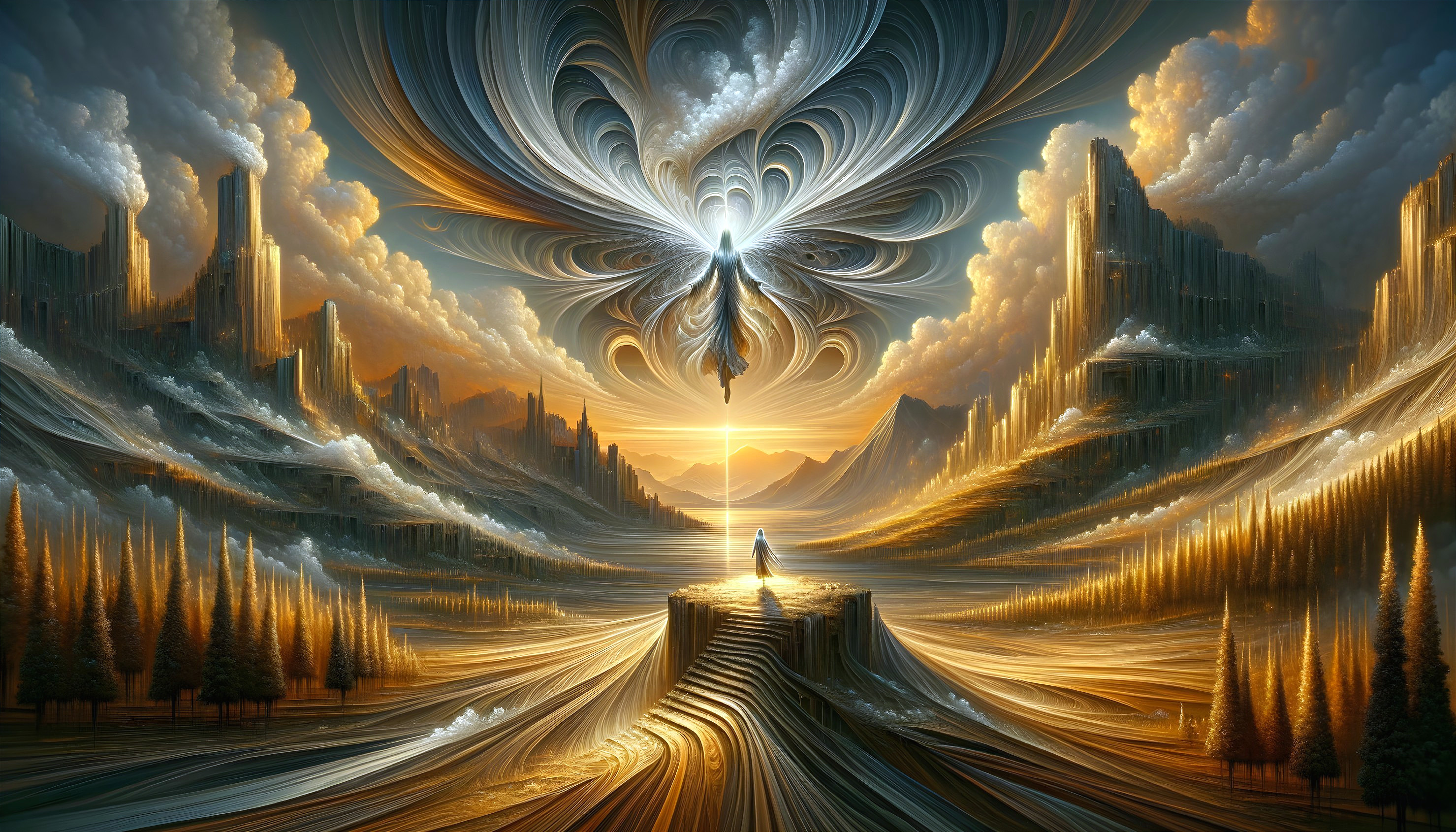 Breathtaking Landscape with Mountains and Luminous Figure