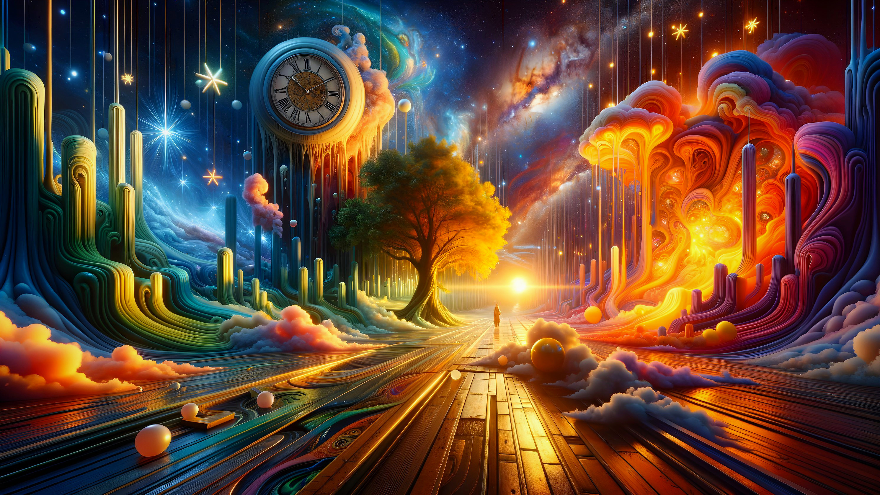Vibrant Cosmic Landscape with Central Tree and Clock