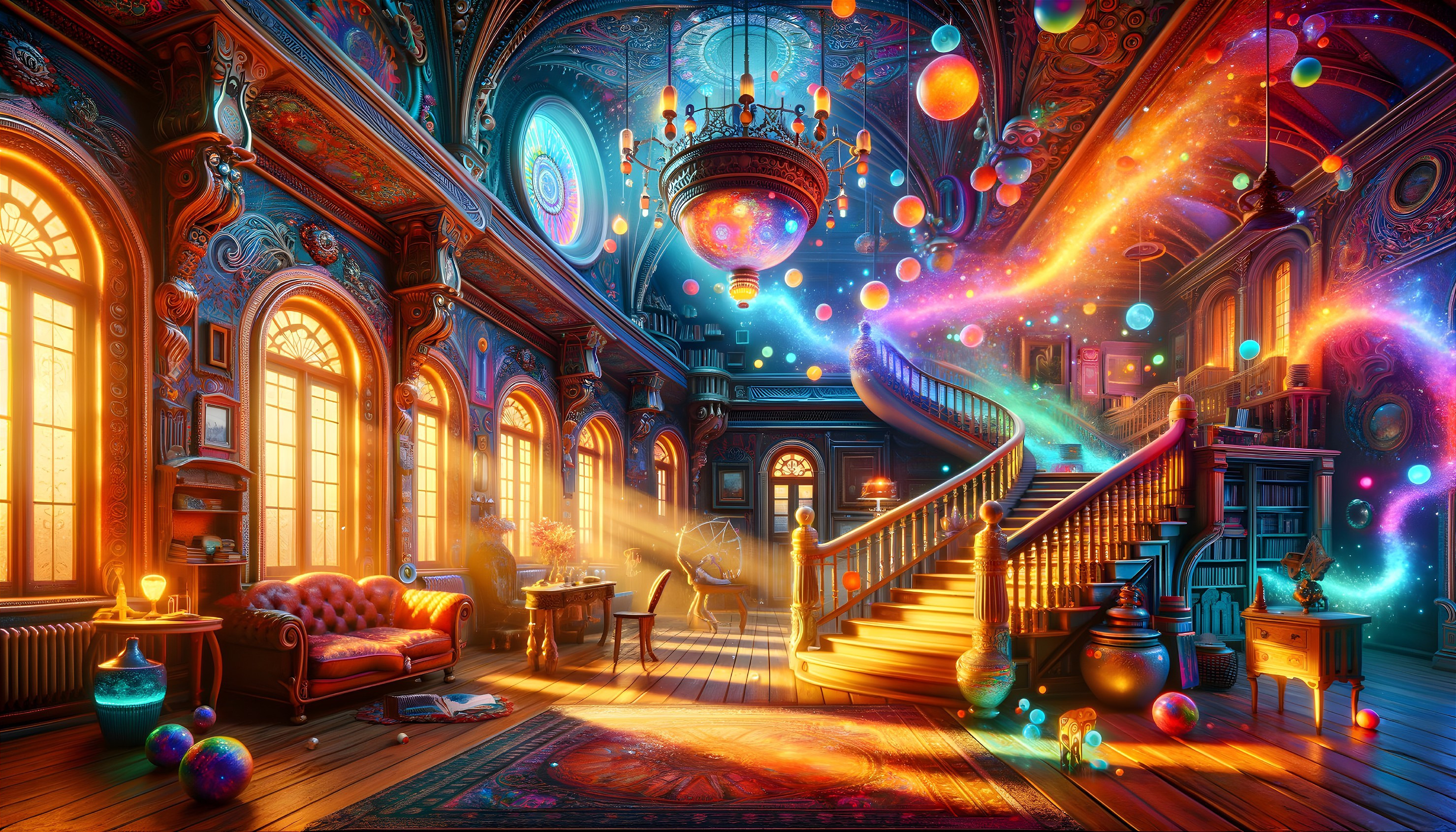 Opulent Library with Spiral Staircase and Floating Lights