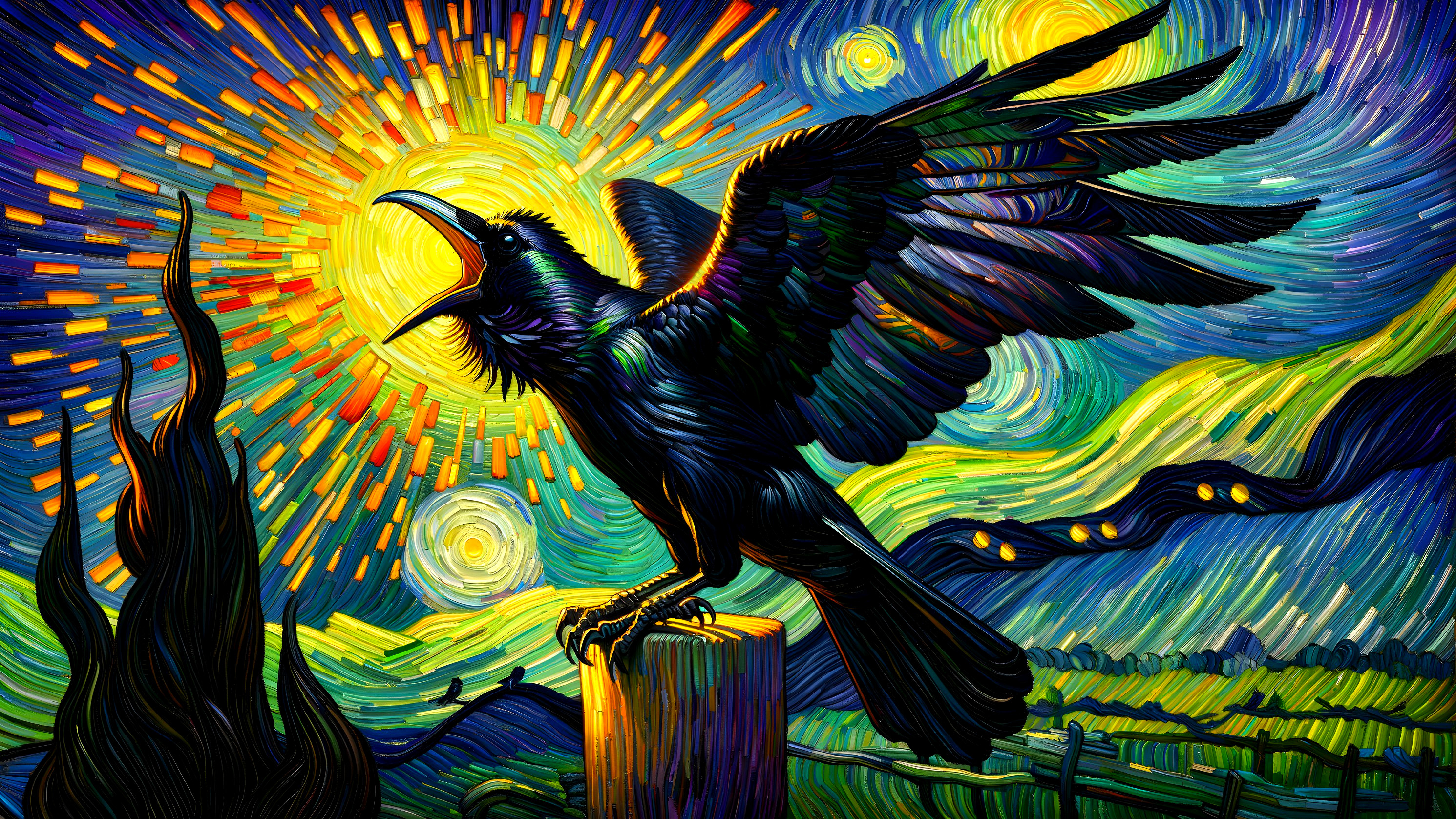 Black Raven on Post with Vibrant Sun and Hills