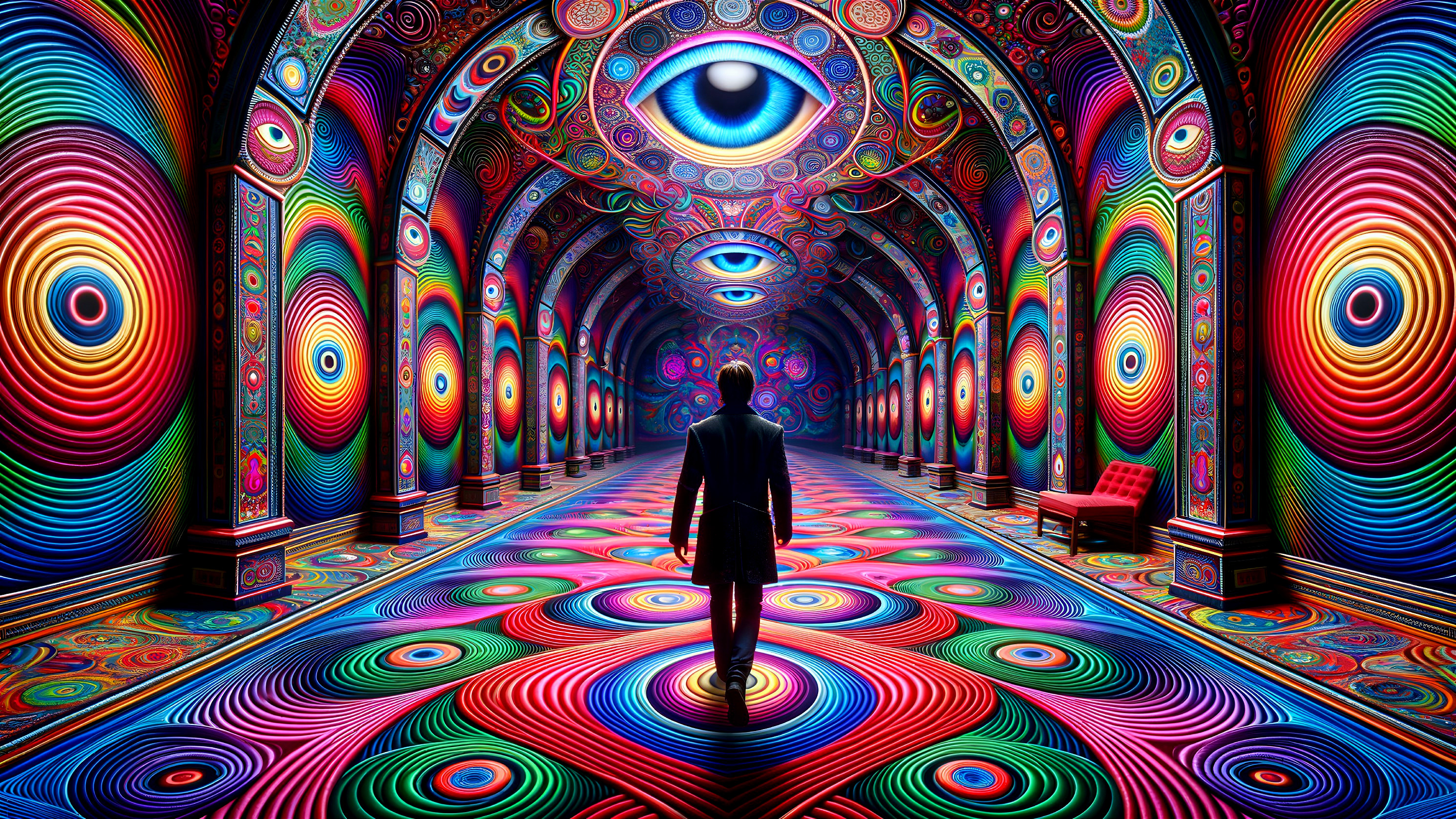 Surreal Corridor with Vibrant Colors and Patterns
