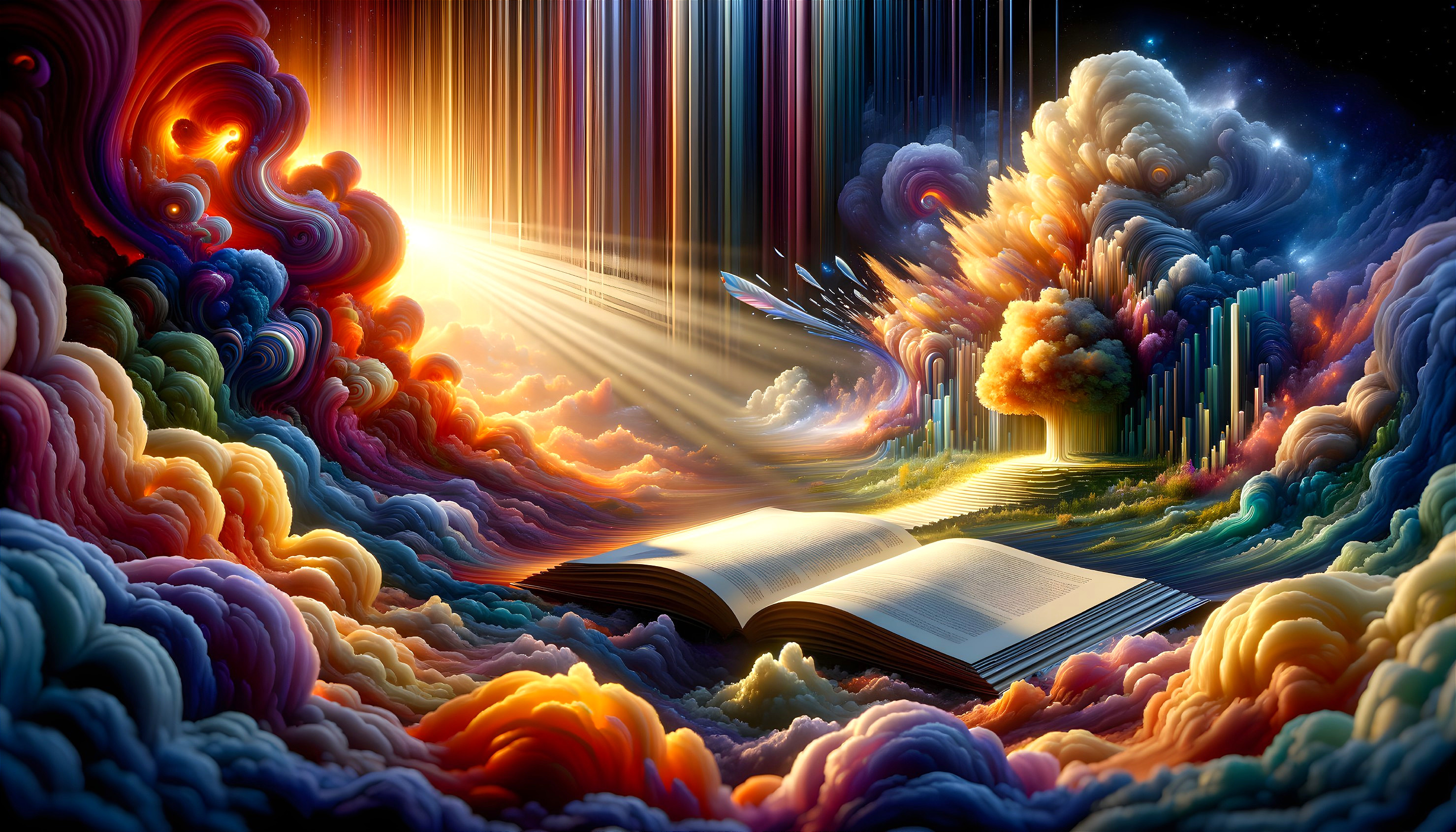 Surreal Landscape with Colorful Clouds and Open Book