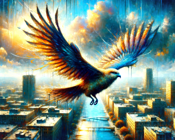 Vibrant Bird Over Cityscape with Dramatic Sky