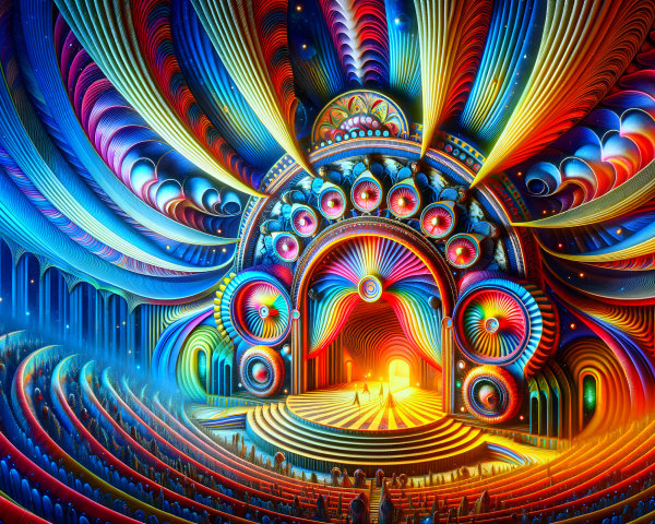 Surreal Grand Theater with Bold Colors and Patterns
