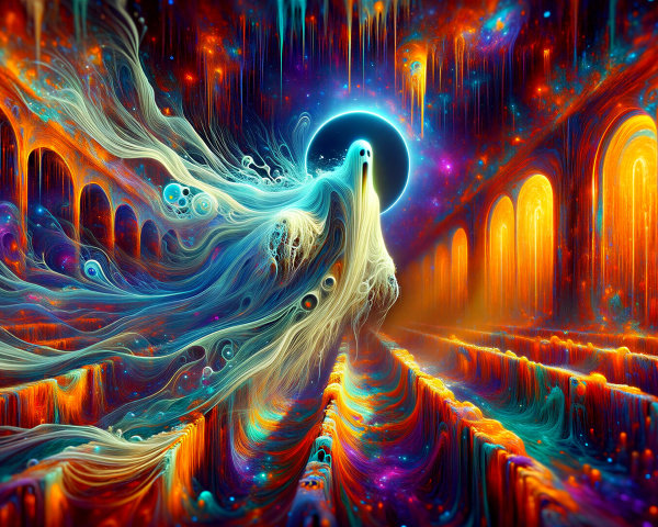 Psychedelic Corridor with Ghostly Figure and Colors