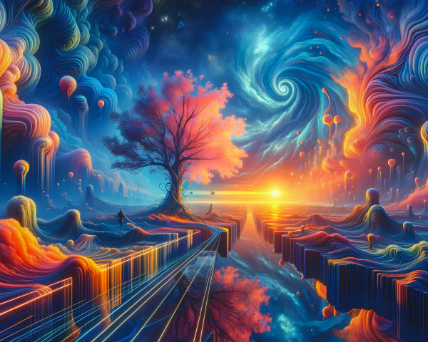 Vibrant Dreamscape with Tree and Ethereal Balloons