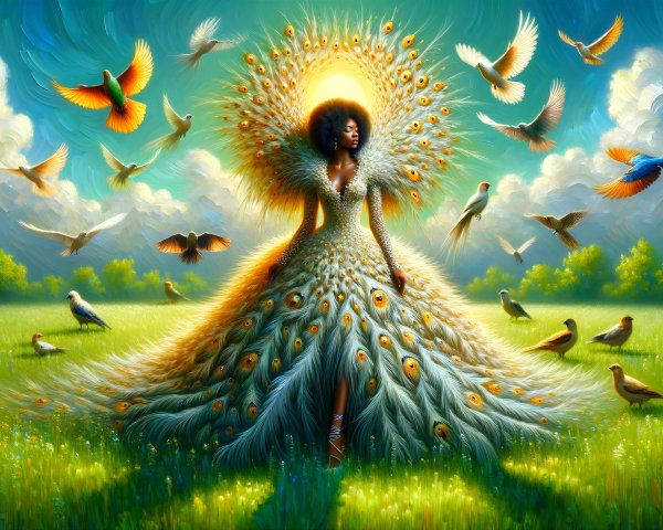 Majestic figure in peacock gown in sunlit meadow