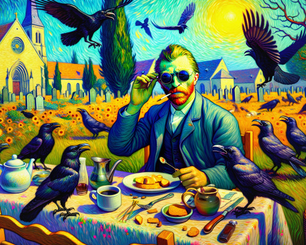 Surreal Breakfast Scene with Crows and Wildflowers