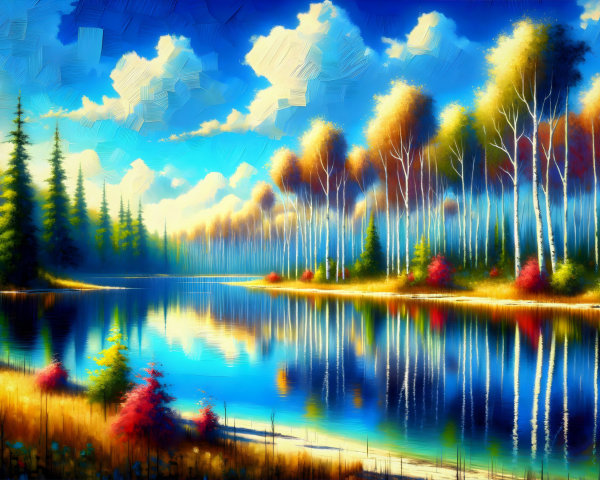 Tranquil Lake and Autumn Landscape with Colorful Flora