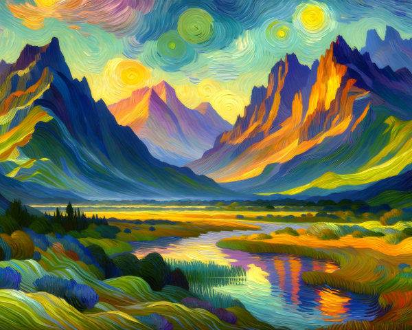 Vibrant landscape with mountains, river, and greenery