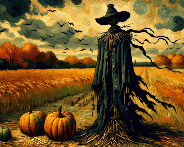 Scarecrow in Wheat Field with Pumpkins and Bats