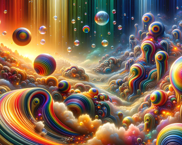Surreal Landscape with Colorful Spheres and Light Rays