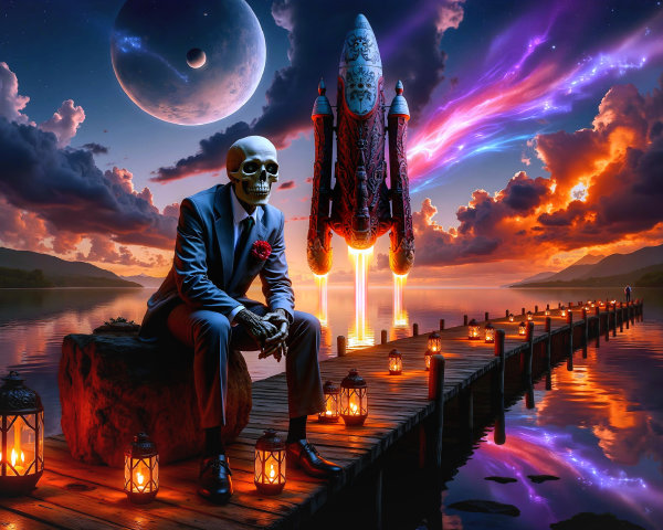 Skeletal Figure on Pier with Rocket and Cosmic Sky