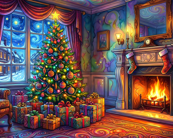 Vibrant Christmas Living Room Painting Inspired by Van Gogh