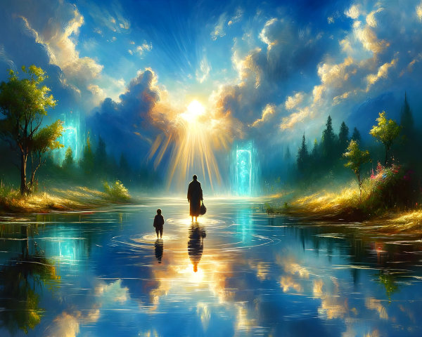 Tranquil Landscape with Waterway and Glowing Portal