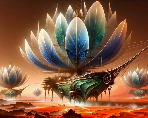 Surreal Landscape with Flower-Shaped Ships in Desert