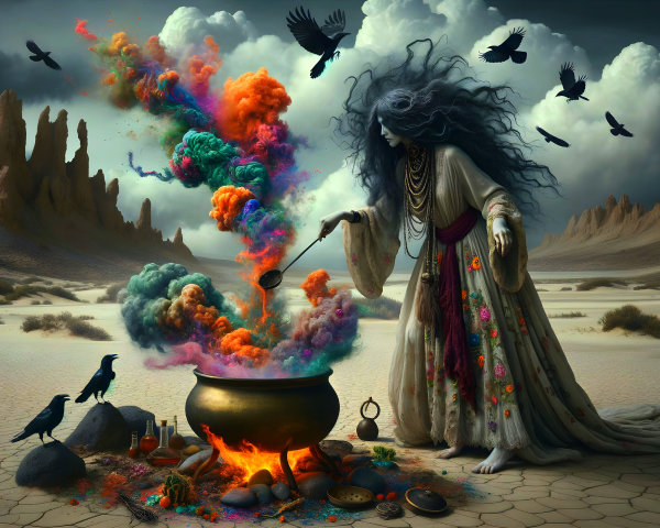 Mystical Figure with Cauldron and Colorful Smoke