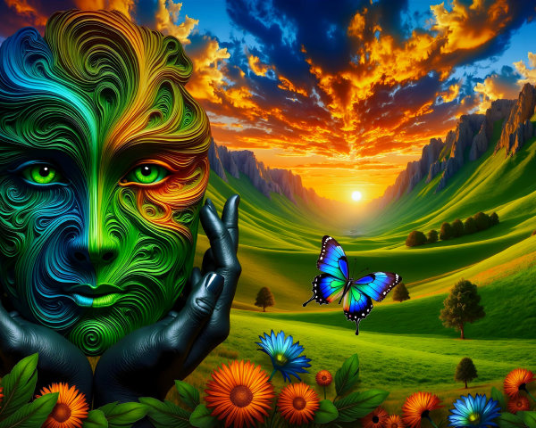 Surreal Landscape with Colorful Face and Nature Elements