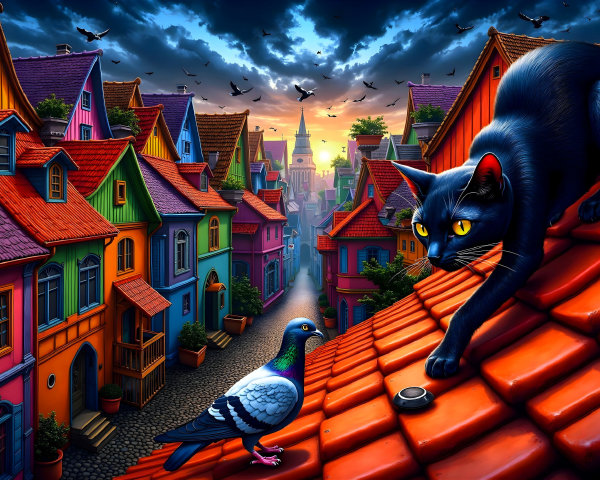 Black Cat on Red Rooftop in Colorful Village Scene