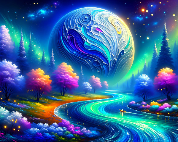 Surreal Landscape with Colorful Trees and Moonlight