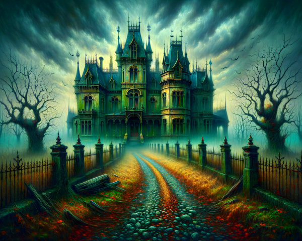 Foreboding Castle Surrounded by Gnarled Trees and Mist