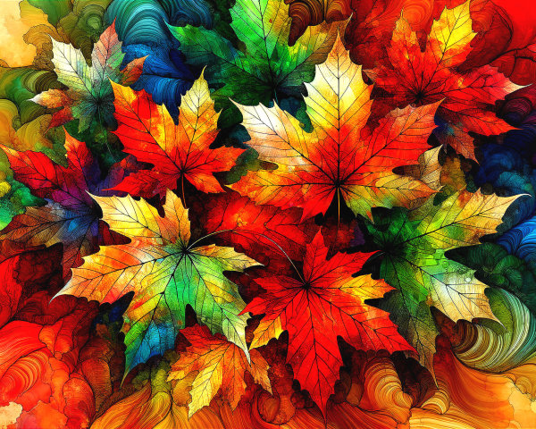 Colorful Abstract Artwork of Maple Leaves in Autumn