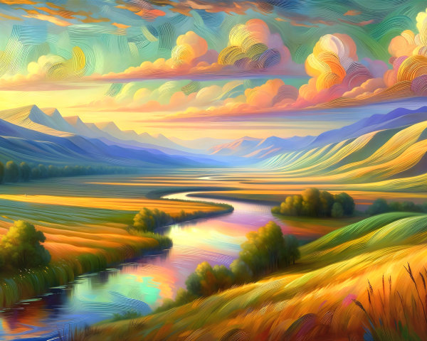Vibrant Landscape with Rolling Hills and Winding River