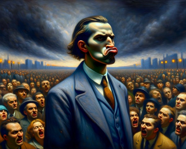 Crowd in Turmoil with Defiant Central Figure and Ominous Sky