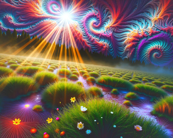 Surreal Landscape with Colorful Flowers and Sky