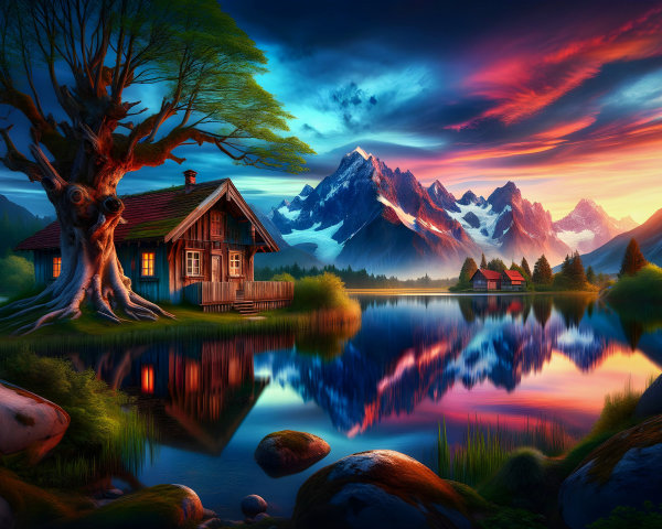 Serene Landscape with Cabin by Tranquil Lake
