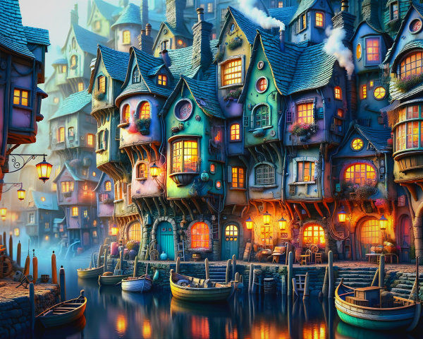 Whimsical Waterfront Village at Twilight with Lanterns