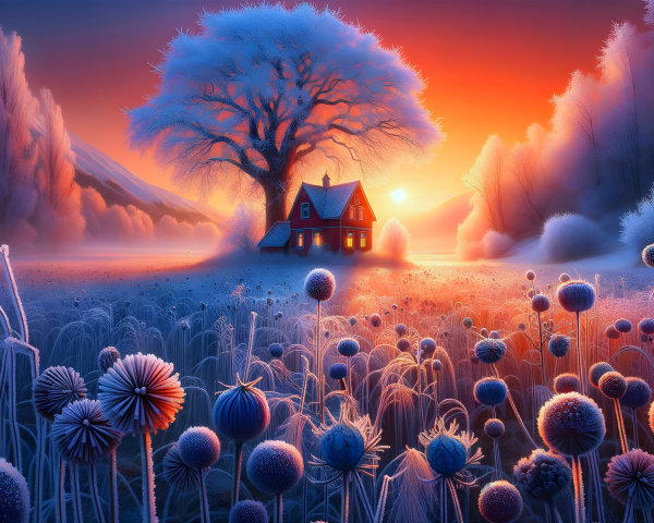Serene winter dawn with cozy house and frost-covered tree