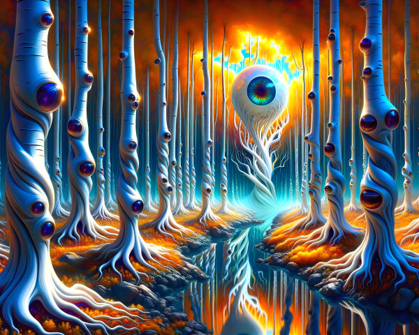 Surreal Forest with White Trees and Vibrant Sky
