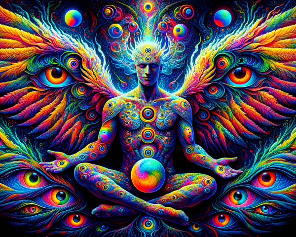Ethereal Figure in Meditative Pose with Cosmic Background