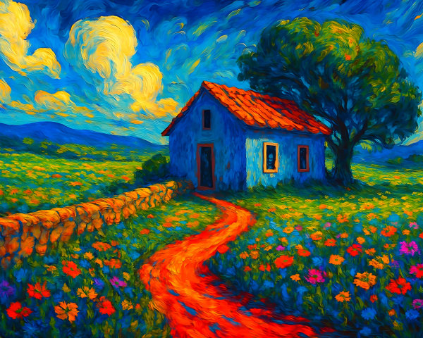 Impressionistic Painting of a Blue House in Nature